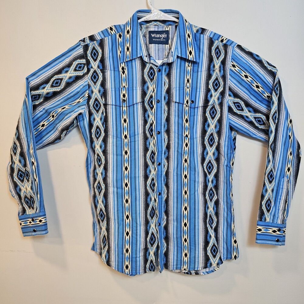 Vintage Wrangler Boys Sz XL Pearl Snap Western Shirt Blue Aztec Print